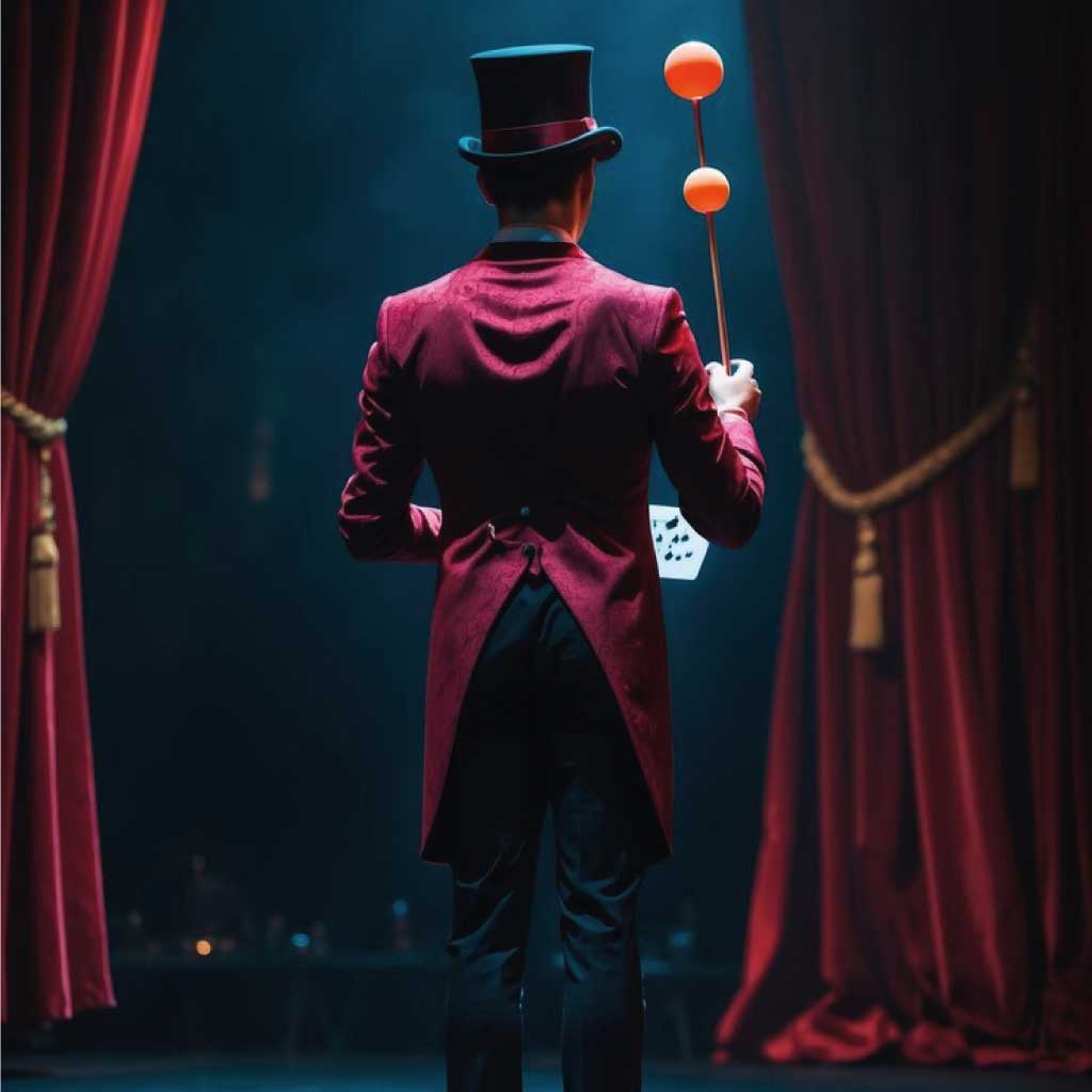 Magicien tenant des ballons colorés lors d’un spectacle pour enfants – spectacles de magie, clowns, marionnettes et animations à Genève.